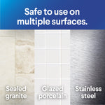Surface guide graphic showing 'Safe to use on multiple surfaces' with examples: sealed granite, glazed porcelain and stainless steel.