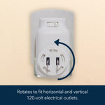 White plug-in diffuser in an outlet with a curved arrow graphic indicating rotation, plus text about fitting horizontal and vertical outlets.