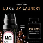 Promotional text "Scents That Luxe Up Laundry" with partial Unstopables bottle and cinnamon accents on black background