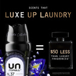 Graphic text 'Scents That Luxe Up Laundry' above a partial view of an Unstopables N.37 bottle and purple floral elements on black.