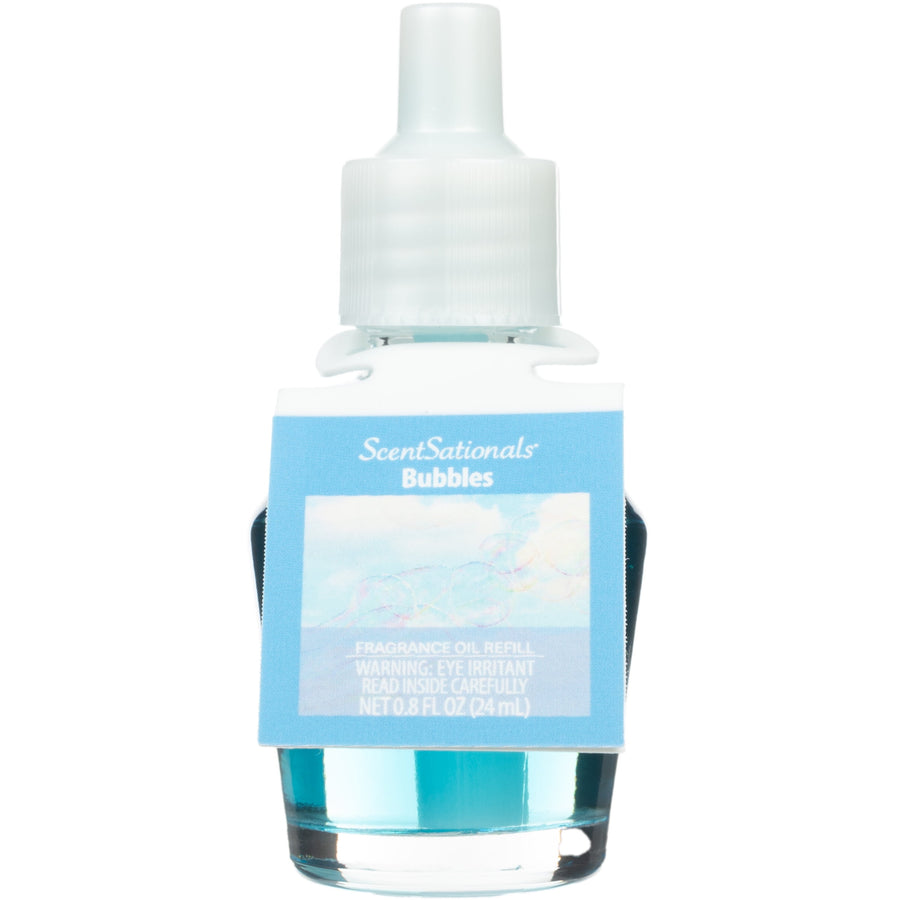 Close-up of a ScentSationals Bubbles fragrance oil refill bottle with blue liquid and a white cap
