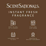Brown informational panel with the ScentSationals logo and icons stating 'Instant Fresh Fragrance' and other product feature callouts.