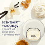 Top-down view of a Scent Theory diffuser and refill bottle with vanilla flower, caramelized sugar and whipped cream imagery and SCENTSHIFT technology text.