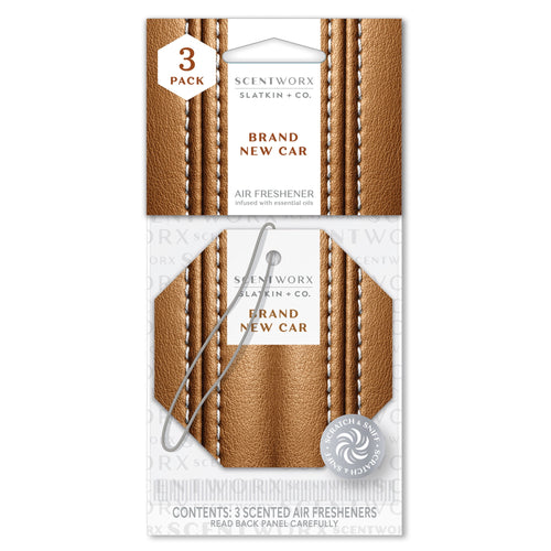 Scentworx brown leather-texture octagonal hanging car air freshener in clear retail blister pack with label