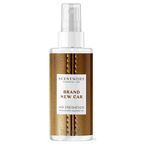 Single ScentWorx 'Brand New Car' air freshener spray bottle with brown leather-texture label and clear spray cap
