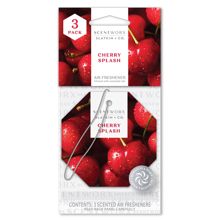 Scentworx Cherry Splash octagonal hang-tag air freshener pack shown on retail backing with cherry imagery and hang string