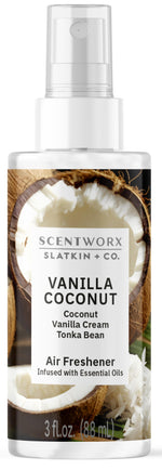 Close-up front view of a Scentworx Vanilla Coconut spray bottle label showing coconut imagery and scent name.