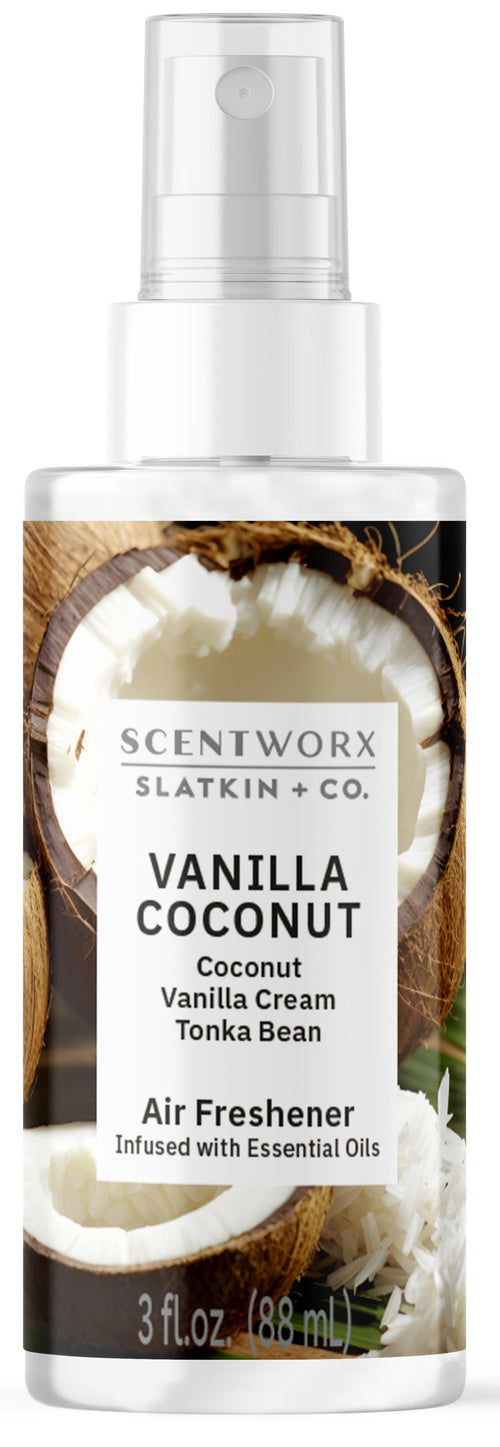 Close-up front view of a Scentworx Vanilla Coconut spray bottle label showing coconut imagery and scent name.