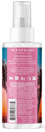 Close-up of ScentWorx air freshener back label showing fragrance notes, directions, cautions and ingredients