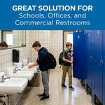 School restroom scene with students near sinks and stalls and a headline stating the product is a solution for schools and offices.