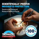 Close-up research-style image of hands examining mosquitoes in a petri dish under text claiming scientifically proven mosquito protection