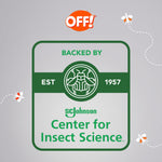 Badge-style graphic reading backed by SC Johnson Center for Insect Science with OFF! logo and decorative insect icons.
