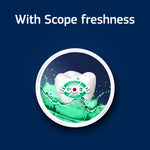 Graphic showing a tooth icon with green Scope splash and the text “With Scope freshness” on a navy background.