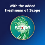 Scope logo badge with green mint splash and headline about added freshness