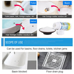 Collage showing clogged toilet, basin and bathtub with a bowl of powder and text 'Scope of Use' for drains.