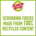 Square graphic with Scotch-Brite logo and bold green text stating scrubbing fibers are made from 100% recycled content.