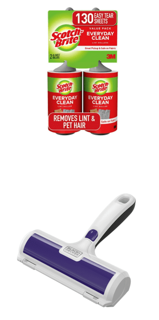 Two-pack Scotch-Brite Everyday Clean lint rollers on header card above a separate purple-and-white handheld pet hair remover tool