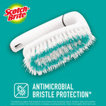 White Scotch-Brite scrub brush on teal background with text noting antimicrobial bristle protection