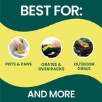 Infographic titled 'Best For' showing circular photos of sponge cleaning pots & pans, grates & oven racks, and outdoor grills