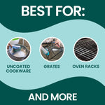 Informational graphic listing best uses with circular photos showing cookware, grates and oven racks for Scotch-Brite scrub