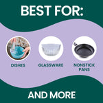 Purple and green graphic titled 'Best for:' with icons for dishes, glassware and nonstick pans