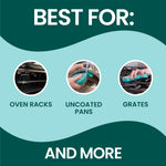 Graphic panel reading "Best for:" with three circular images showing oven racks, washing a pan, and scrubbing grates