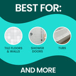 Graphic panel listing best uses for the scrubber with circular photos for tile floors, shower doors and tubs on teal background.