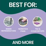 Illustrated 'Best for' graphic showing three circles with uses like refrigerators, nonstick pans, and tile & countertops.