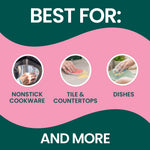 Promotional panel with icons and photos showing best uses: nonstick cookware, tile & countertops, and dishes.