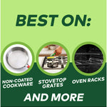 Graphic panel showing recommended uses with icons for cookware, stovetop grates, and oven racks