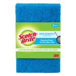 Packaged Scotch-Brite blue non-scratch scour pad with green branded sleeve and 3M logo on white background.