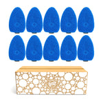Ten blue Scotch-Brite non-scratch sponge heads arranged above a patterned cardboard box on white.