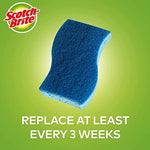 Single blue Scotch-Brite non-scratch sponge on green background with product guidance text