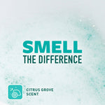 Foamy background with bold text reading “SMELL THE DIFFERENCE” and a Citrus Grove scent label for Scotch-Brite