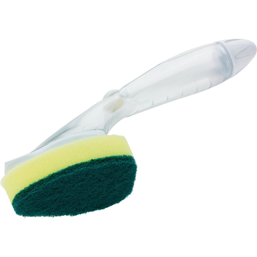 Close-up of a clear-handled dish wand with yellow sponge and dark green heavy-duty scrub pad attached
