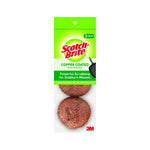 Scotch-Brite branded retail pack showing two copper-coated round scouring pads with green header card and 3M logo