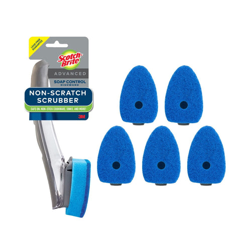 Scotch-Brite dishwand with gray handle and five blue non-scratch replacement scrubber heads on white background.