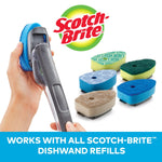 Two hands holding a Scotch-Brite dishwand with an assortment of compatible refill sponge pads displayed to the side.
