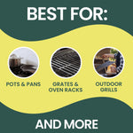Graphic showing best uses for the dishwand with circular photos for pots & pans, grates and outdoor grills.