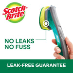 Close-up of hand gripping a Scotch-Brite dishwand head with callout graphic and leak-free message