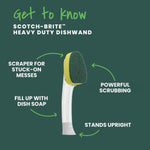 Single Scotch-Brite heavy duty dishwand on green background with labeled callouts for features