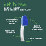 Scotch-Brite Zero Scratch dishwand on green background with labeled feature callouts for scraper, soap fill and upright stand