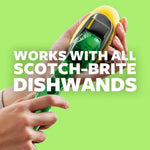 Hand inserting or removing a green refill head into a translucent green dishwand with bold product text overlay