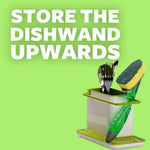 Scotch‑Brite dishwand shown stored upright in a holder beside utensils with text overlay advising to 'Store the dishwand upwards'.