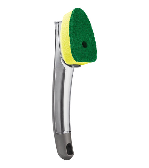 Scotch-Brite dishwand shown upright with a green-and-yellow refill head attached on a white background