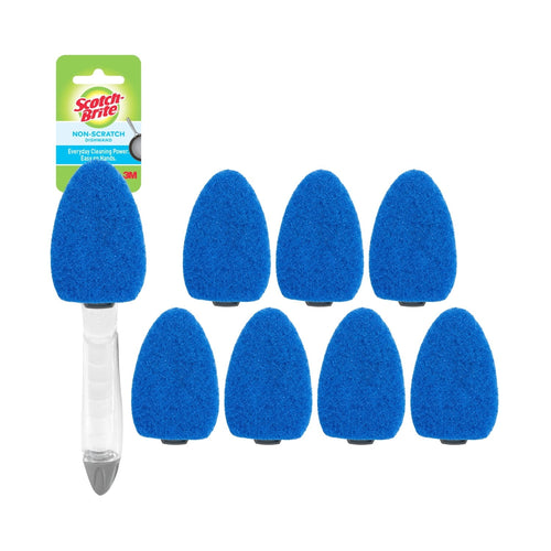 Clear-handle Scotch-Brite dishwand with seven blue non-scratch replacement sponge heads arranged on white background