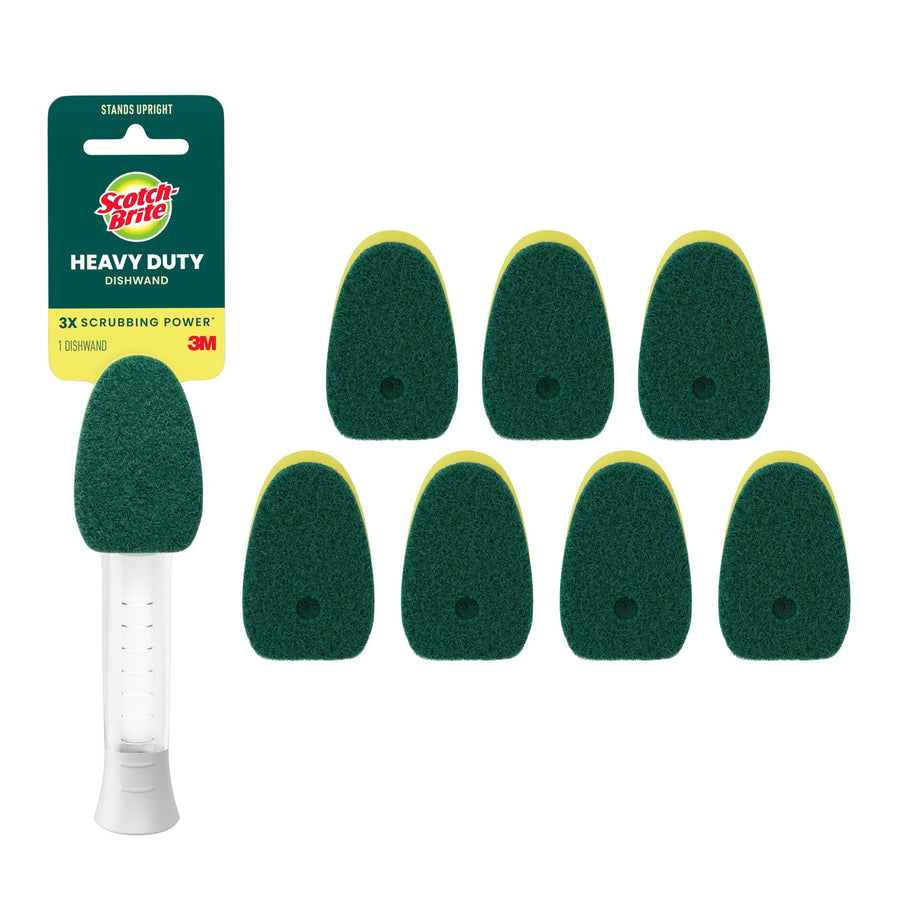 Scotch-Brite dishwand with clear handle and seven green heavy-duty refill sponge heads on white background.