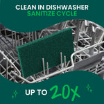 Scotch-Brite heavy-duty scrub pad placed upright in a dishwasher rack with text about cleaning in sanitize cycle and 'up to 20x'