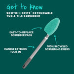 Scotch‑Brite extendable tub and tile scrubber on teal background with arrows pointing to features and text callouts.