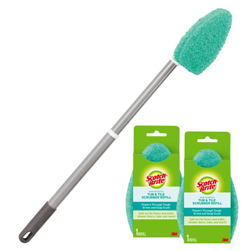 Scotch‑Brite extendable tub and tile scrubber with gray handle and two green scrubber refill packages shown on white background.